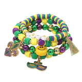 4PCS - Mardi Gras Eye Mask Fleur de Lis Charm Smile Beaded Stretch Multi Layered Bracelets