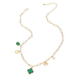 Quatrefoil Bow Heart Pearl Charm Station Paperclip Chain Necklace