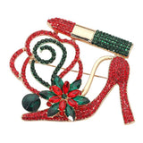 Rhinestone Embellished Flower Accent Glam High Heel Lipstick Pin Brooch