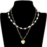 Metal Heart Pendant Freshwater Pearl Double Layered Necklace