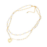 Metal Heart Pendant Freshwater Pearl Double Layered Necklace