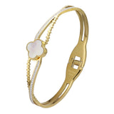 Mother Of Pearl Stone Paved Stainless Steel Hinged Bangle Bracelet