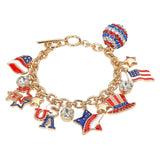 Women's Enamel Stone Paved American USA Flag Message Shamballa Ball Charm Embellished Toggle Bracelet 4th of July