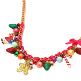 Holiday Santa Gingerbread Man Candy Cane Pearl Bow Charm Beaded Necklace