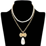 Pearl Chain Rhinestone Pave Ribbon Dangle Pendant Necklace