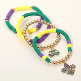 4PCS - Mardi Gras Fleur de Lis Eye Mask Charm Heishi Beaded Stretch Multi Layered Bracelets