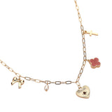 Heart Bow Pearl Quatrefoil Cross Charm Station Paperclip Chain Necklace