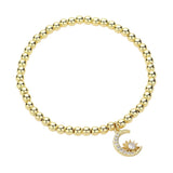 Stainless Steel Stone Paved Crescent Star Charm Stretch Ball Bracelet