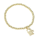 Stainless Steel Stone Paved Key and Lock Charm Stretch Ball Bracelet