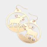 Stone Embellished Rudolph Accented Brass Dangle Earrings