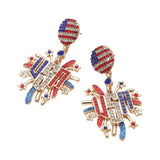 Women's Stone Paved American USA Flag Accent Enamel Message Firework Dangle Stud Earrings 4th of July