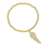 Stone Paved Wing Charm Stainless Steel Beaded Stretch Bracelet