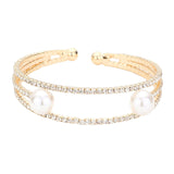 Trendy Pearl Accented Split Rhinestone Cuff Evening Bracelet