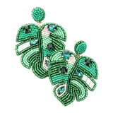 Felt Back Stone Embellished Seed Beaded Leaf Dangle Earring