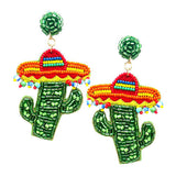 Felt Back Multi Beaded Hat Cactus Dangle Earrings