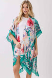 Abstract Floral Print and Solid Color Edge Silky Feel Kimono