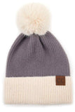 C.C Solid Color Pom Beanie with Beige Cuff