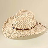 Boho Western Hamsa Hand Accent Band Breathable Woven Cowboy Fedora Sun Hat