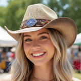 Boho Two Tone Rhinestone Studded Floral Concho Band Western Straw Cowboy Hat