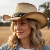 Rustic Star Concho Belt Accent Faux Leather Band Western Straw Cowboy Hat