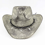 Handmade Vintage Steer Head Cactus Horseshoe Charm Faux Leather Band Western Straw Cowboy Hat