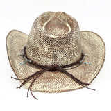 Handmade Vintage Steer Head Cactus Horseshoe Charm Faux Leather Band Western Straw Cowboy Hat