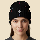 Women's Rhinestone Cross Accent Teardrop Stone Cluster Embellished Knit Beanie Hat