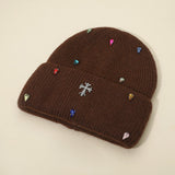 Women's Rhinestone Cross Accent Teardrop Stone Cluster Embellished Knit Beanie Hat