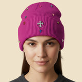 Women's Rhinestone Cross Accent Teardrop Stone Cluster Embellished Knit Beanie Hat