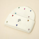 Women's Rhinestone Cross Accent Teardrop Stone Cluster Embellished Knit Beanie Hat