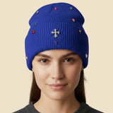 Women's Rhinestone Cross Accent Teardrop Stone Cluster Embellished Knit Beanie Hat