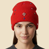 Women's Rhinestone Cross Accent Teardrop Stone Cluster Embellished Knit Beanie Hat