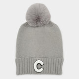 -C- Initial Monogram Faux Fur Pom Pom Knit Beanie Hat