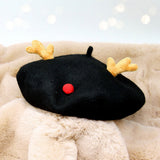 Wool Blended Christmas Rudolph Pointed Beret Hat