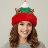 Fuzzy Fur Antlers Accent Christmas Knit Beanie Hat