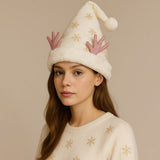Fluffy Christmas Antler Accent Sequin Snowflake Pattern Santa Hat