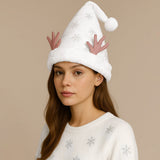 Fluffy Christmas Antler Accent Sequin Snowflake Pattern Santa Hat