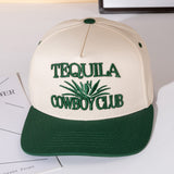 TEQUILA COWBOY Message Embroidered Five Panel Canvas Snapback Baseball Cap