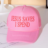 JESUS SAVES I SPEND Message Printed Five Panel Mesh Back Trucker Hat