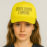 JESUS SAVES I SPEND Message Printed Five Panel Mesh Back Trucker Hat