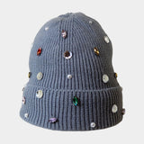 Women's Pearl Jewel Embellished Fleece Lining Knit Beanie Hat