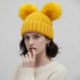 Double Pom Pom Knit Beanie Hat