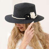 Double Flower Accent Pearl Band Straw Sun Hat