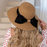 Bow Accent Wide Brim Straw Sun Hat