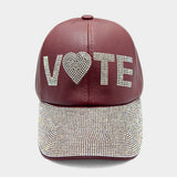 Faux Leather Vote Message Rhinestone Embellished Baseball Cap