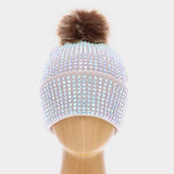 Double Layer Bedazzled Cuffed Pom Pom Beanie Hat