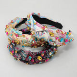 Oval Round Stone Cluster Embellished Jacquard Knot Headband