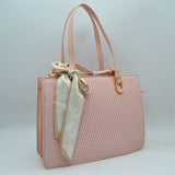 Woven Straw Satchel Bag with Detachable Shoulder Strap and Decorative Scarf Accent