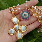 Luxury Pearl Cross Necklace with Gemstones - AfterAmour