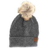 Sequin Brioche Cable Knit Fur Pom C.C Beanie